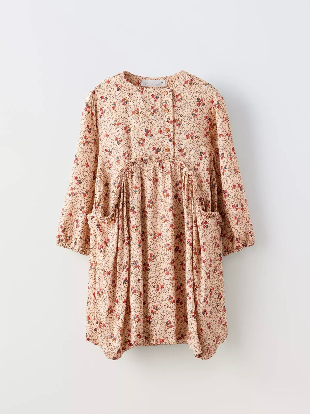 Zara Girls’ Beige Floral Print Empire-Waist Mini Dress with Red Accents - NWT